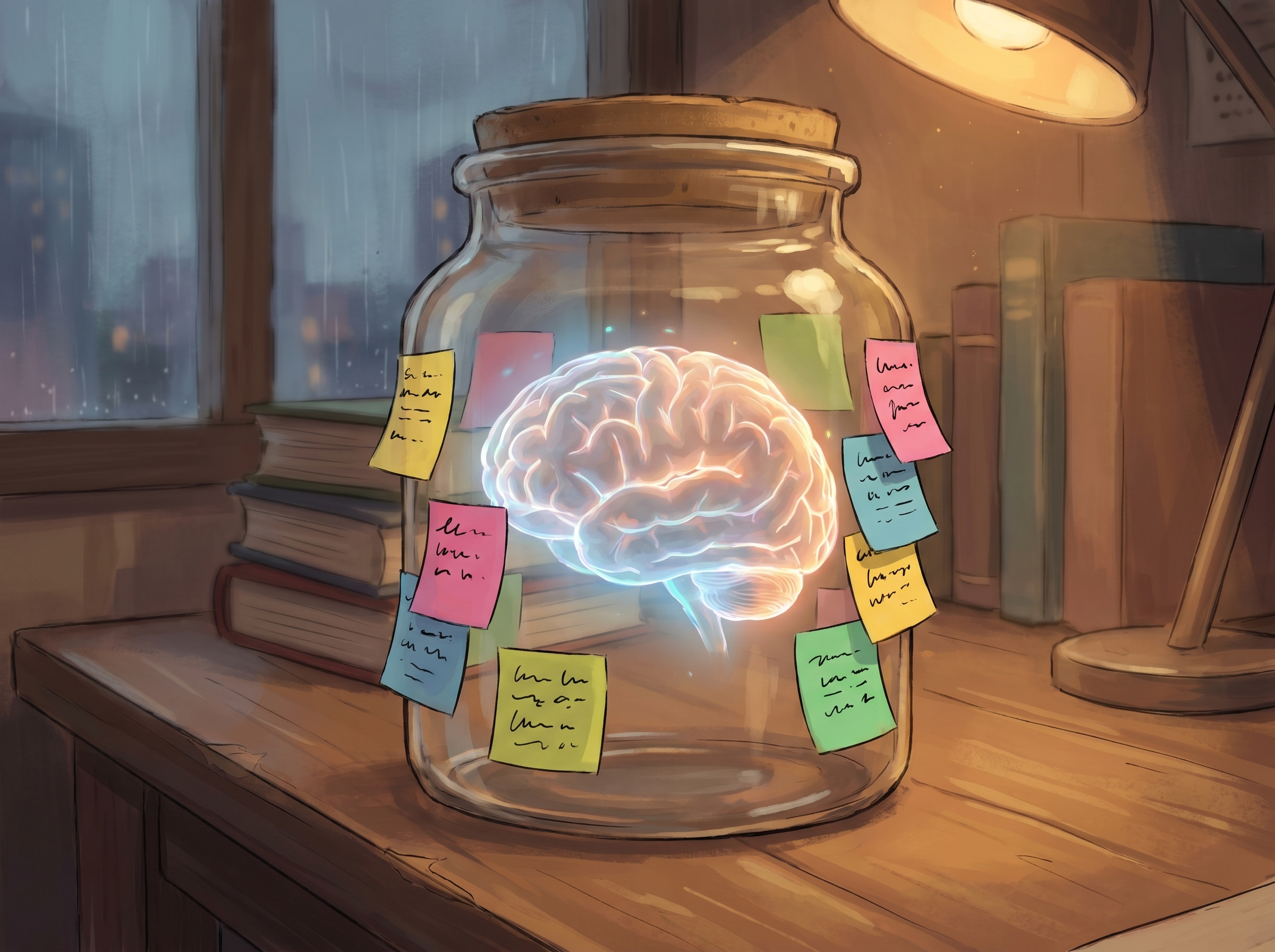 A glowing brain floating in a glass jar on a desk, surrounded by sticky notes with questions pressed against the glass