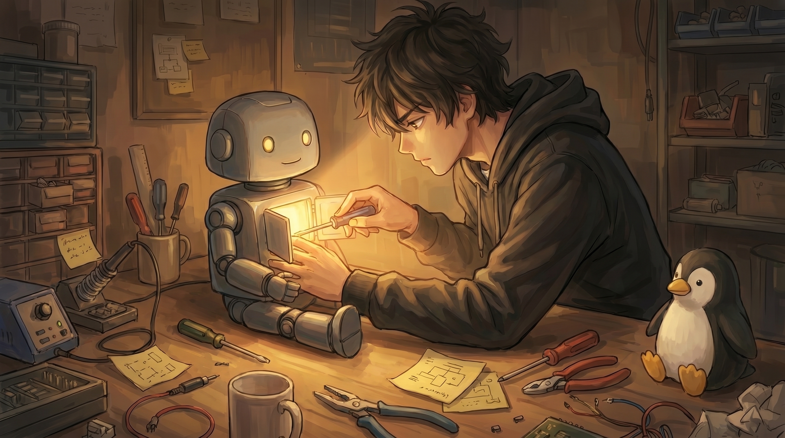 Anime coder opening the chest panel of a friendly robot to reveal glowing circuitry inside
