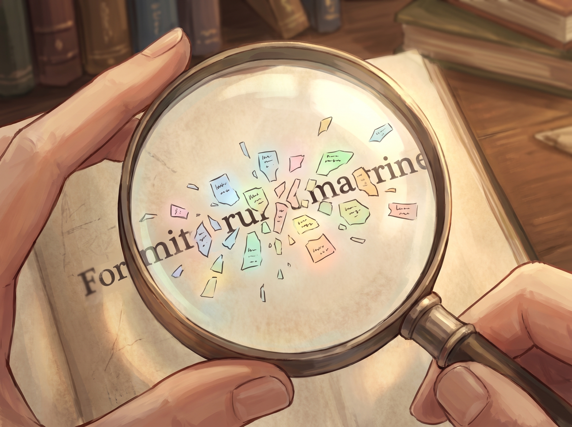 A magnifying glass held over printed text, revealing words shattering into glowing colored fragments underneath the lens